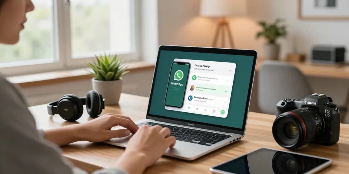 User downloading WhatsApp下載 on a laptop in a modern home office.
