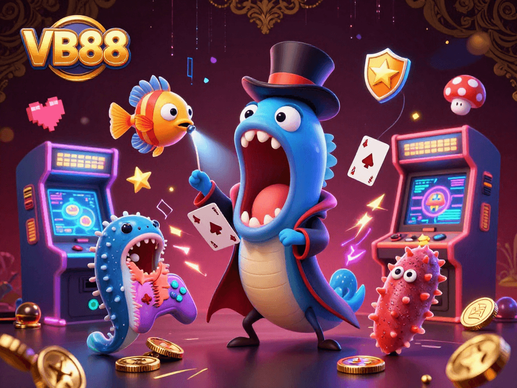 Experience exciting gameplay with VB88's vibrant casino scene featuring 3D characters and dynamic elements.