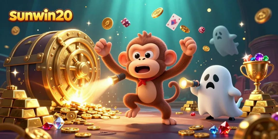 Engage with sunwin20 in a vibrant haunted casino scene featuring a playful poltergeist monkey and a curious puppy.