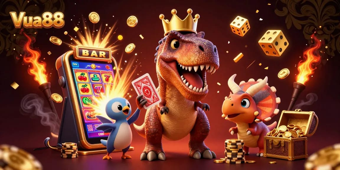 Vua88 players winning big at a vibrant virtual casino, featuring T-Rex and friends.