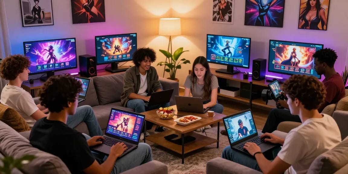 Group enjoying porngames on laptops and tablets in a cozy living room.