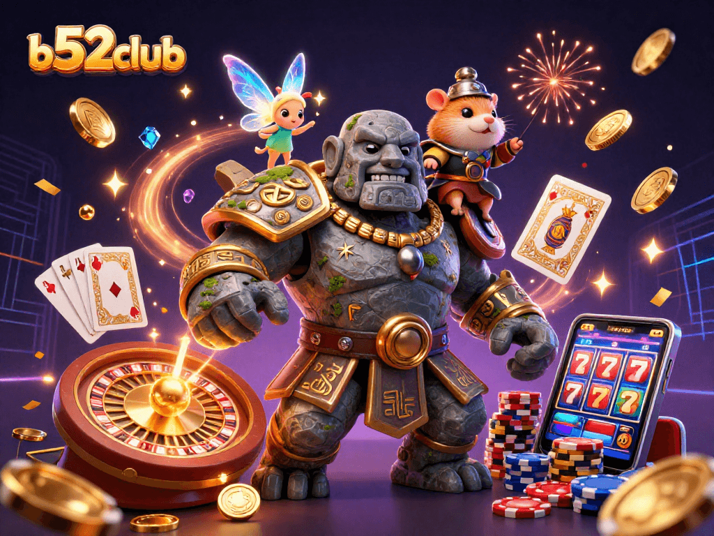 b52club brings luck as a magical golem and fairy brighten the casino scene with vibrant energy