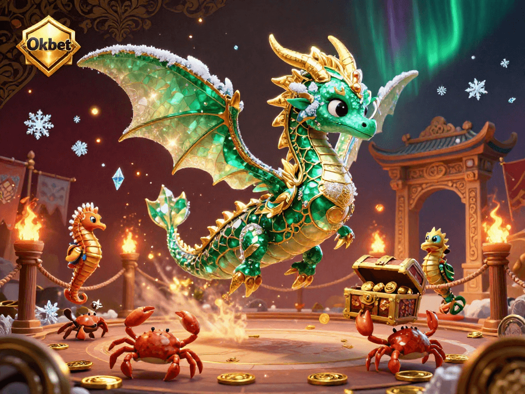 Oxbet's vibrant 3D casino scene showcases a sea dragon and treasure chest immersed in dynamic gaming elements.