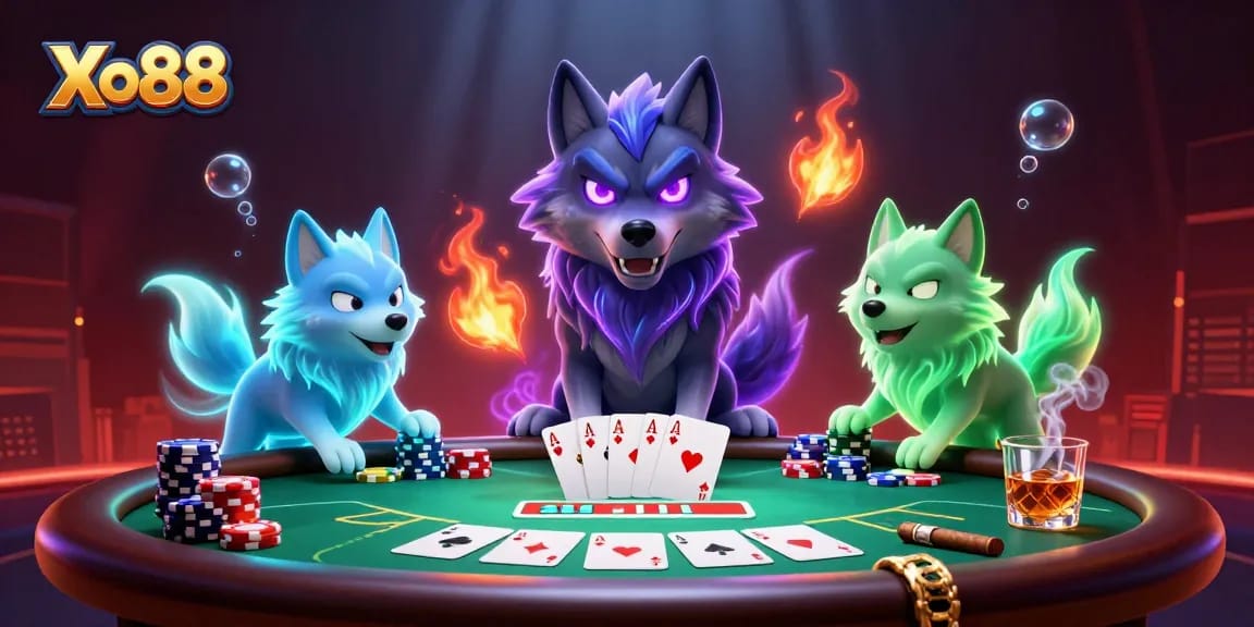 Xo88 amplifies poker excitement with a dynamic cartoon wolf trio in a glowing gambling scene.