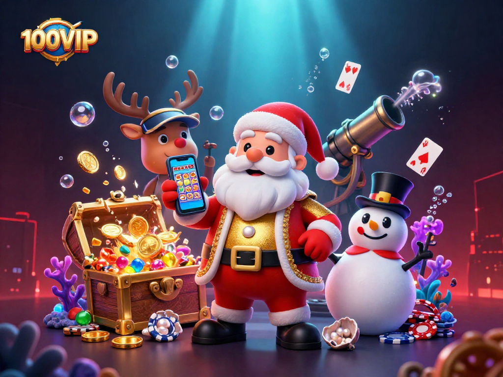 Experience the excitement of jackpot slots with 100VIP's vibrant casino illustration featuring Santa and friends.