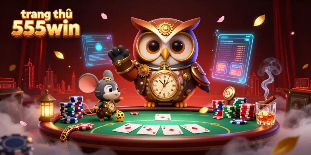 Engage with vibrant poker action at trang chủ 555win featuring a time-traveler owl and rich casino elements.