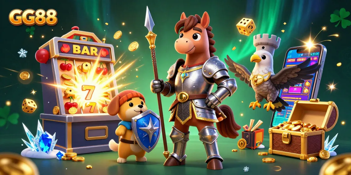 Experience the thrill of GG88 with a vibrant casino scene featuring epic slot machine jackpots and playful characters.