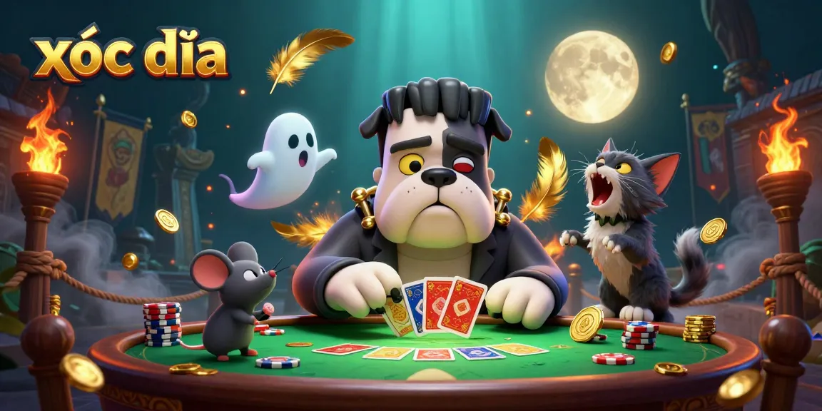 Xóc đĩa game scene with a bulldog dealer and spooky characters in a vibrant casino atmosphere.
