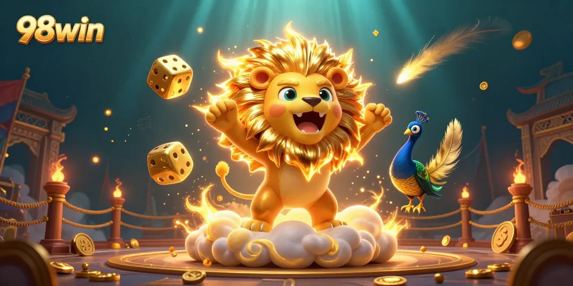 Bet on exciting games at 98win with vibrant visuals of a casino scene featuring dynamic characters, coins, and dice.