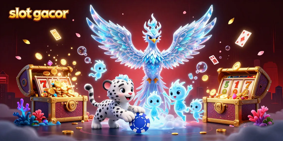 Experience the thrill of slot gacor with vivid characters in an enchanting casino landscape.