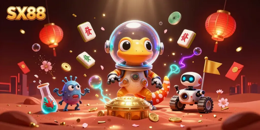 Engage with SX88 in a vibrant 3D scene of a Martian gecko discovering a golden casino.