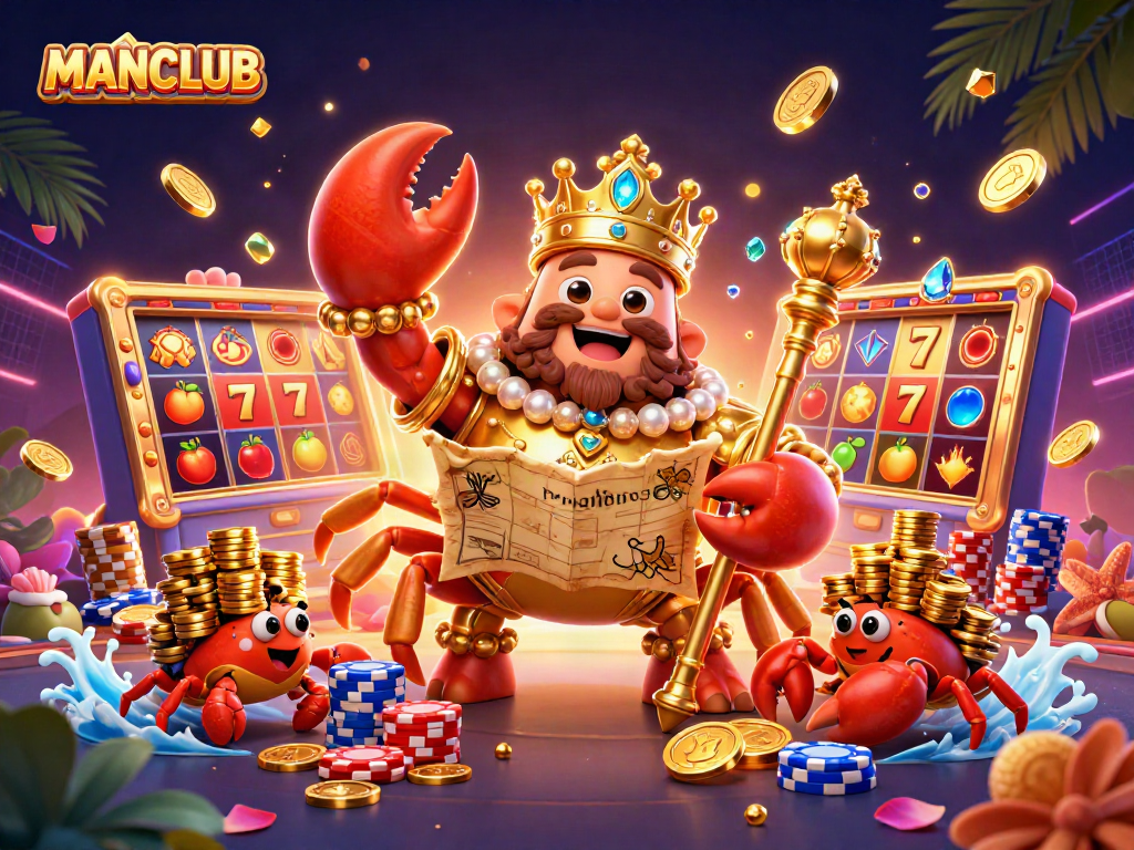 MANCLUB scene showcasing a golden crab emperor amid slot machines and vibrant gaming elements.
