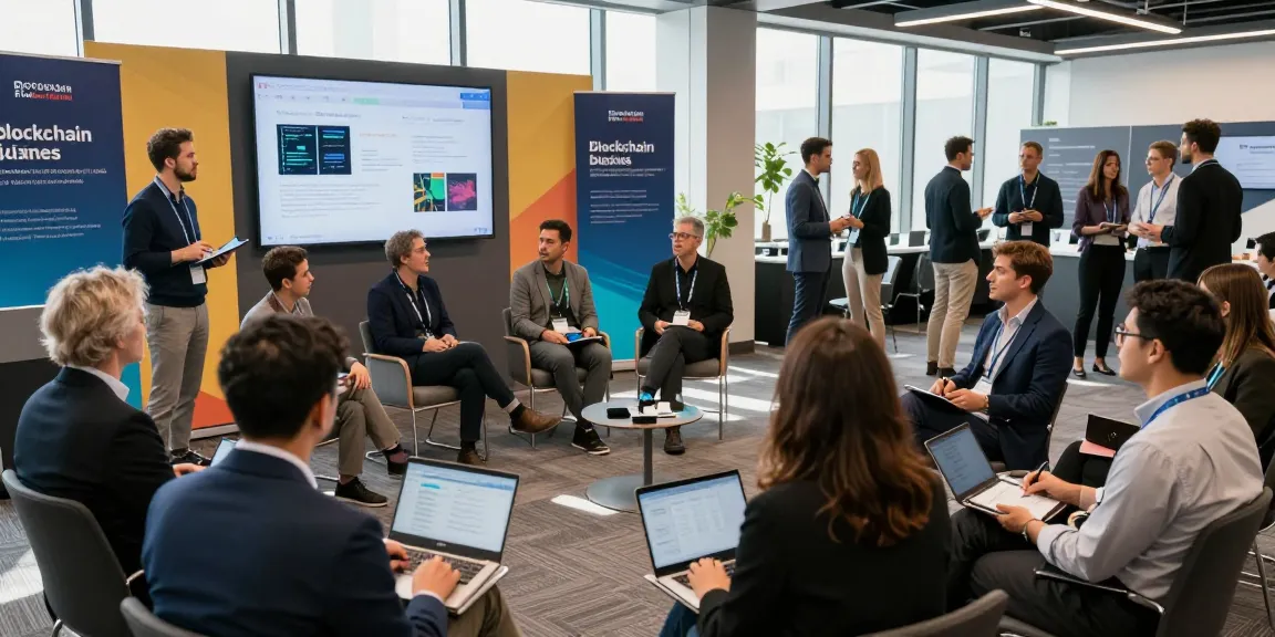 Blockchain 2026 conference scene with attendees discussing innovations and networking in a vibrant tech environment.