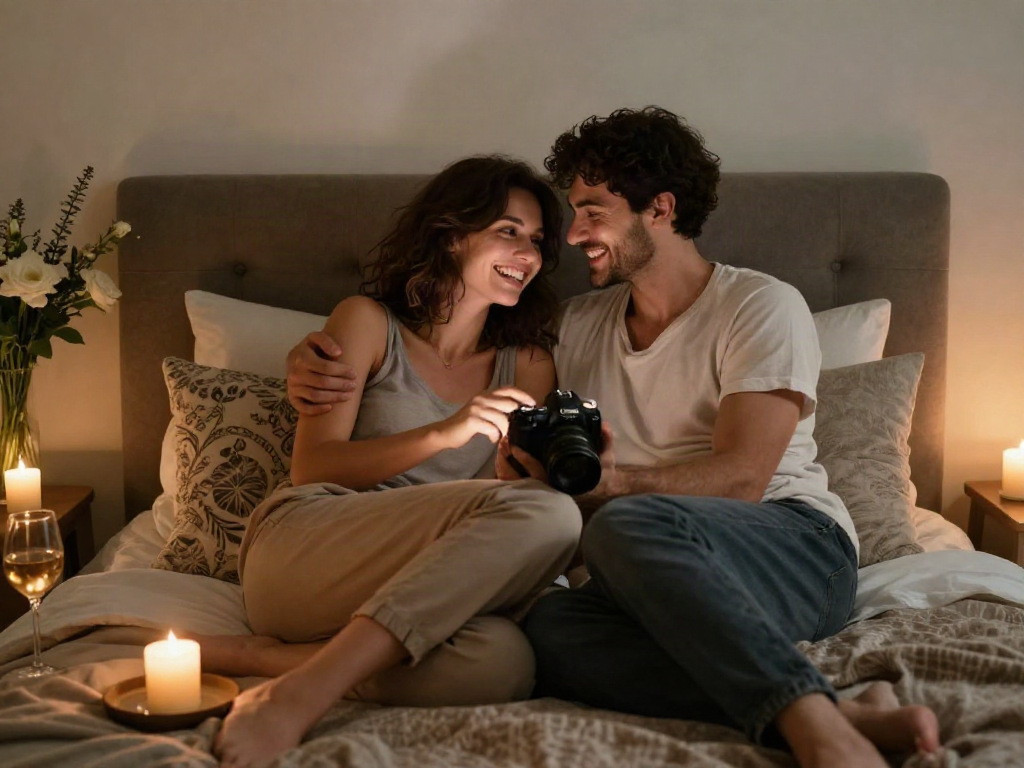 Couple enjoying ai sex intimacy in a cozy bedroom setting, surrounded by candles and soft decor.