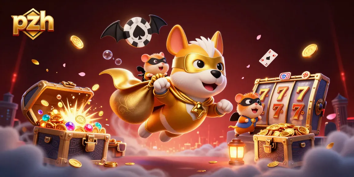 Exciting pzh scene with a superhero dog and hamster surrounded by gold coins and slot game elements.