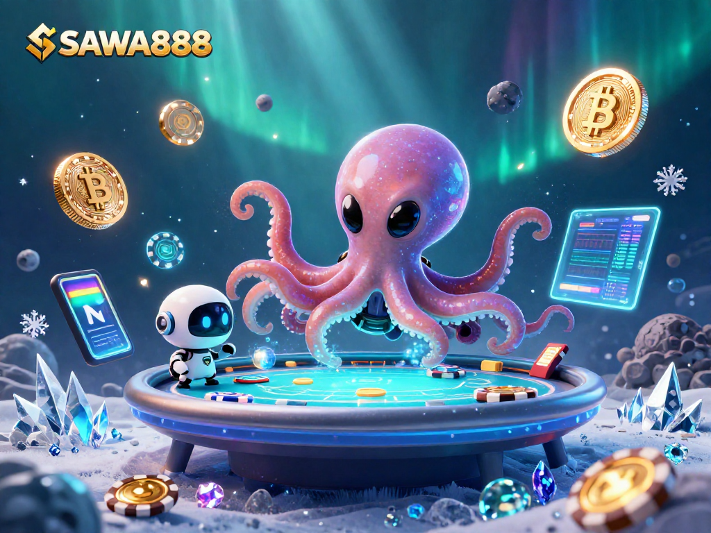 Experience thrilling gaming at SAWA888 with an alien octopus at a holographic poker table.