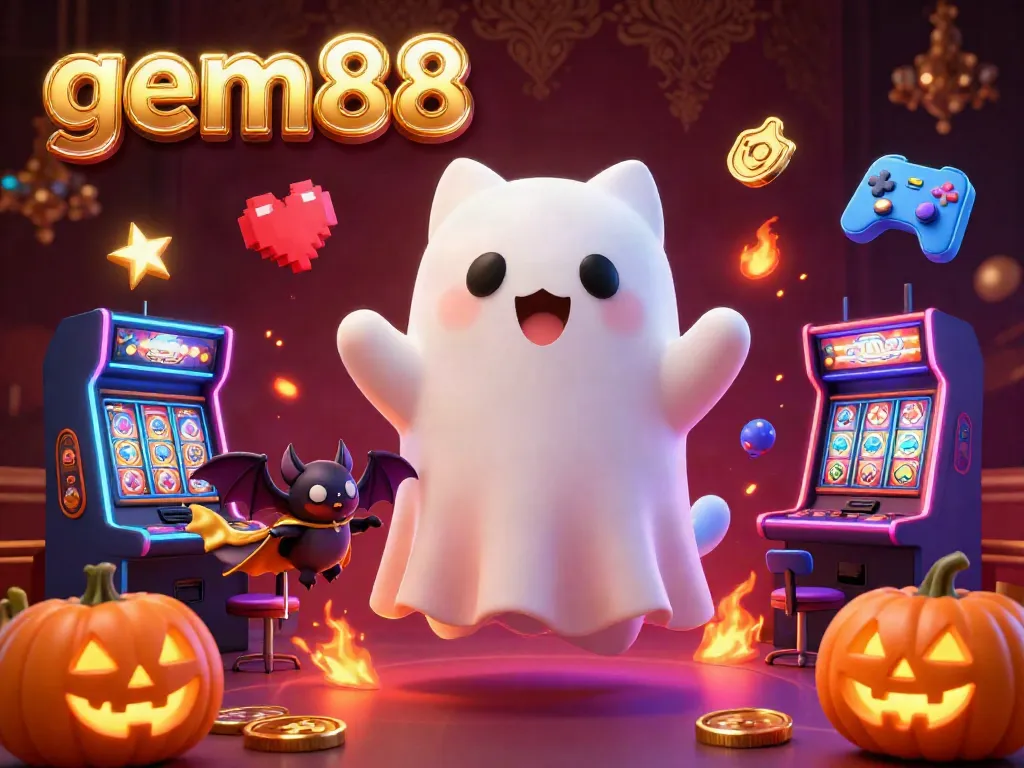 Experience gem88's haunted casino with glowing jack-o-lanterns, vibrant games, and thrilling action.
