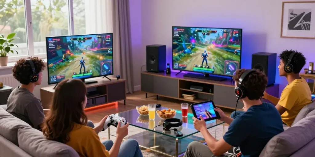 Friends enjoying gaming and entertainment at http://gem88-mobile.com, in a lively living room atmosphere.