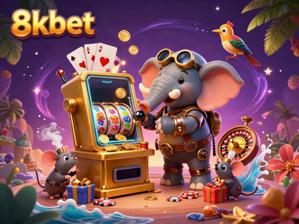 Engage with 8xbet through a vibrant steampunk scene highlighting slot machines, poker chips, and rich casino elements.