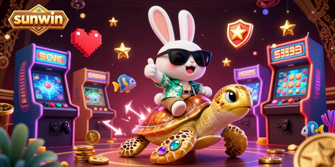Experience the excitement of sunwin's vibrant casino games with a lucky rabbit and golden turtle illustration.