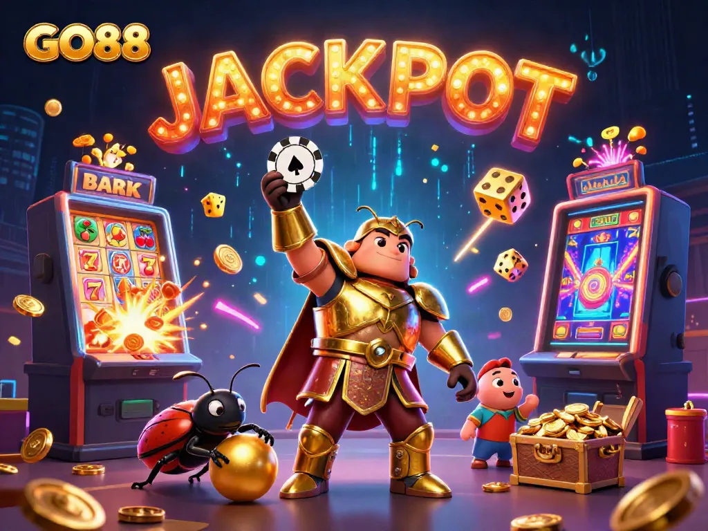 Experience the excitement of GO88 with a 3D beetle hero and jackpot elements in this vibrant casino scene.
