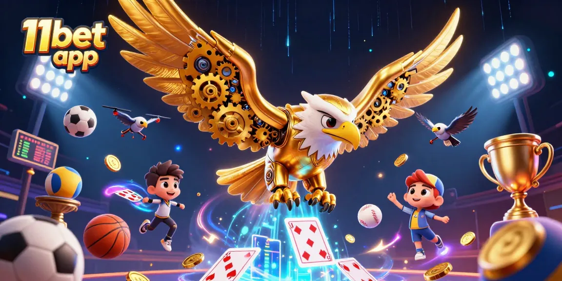 Experience the thrill of the 11bet app as a golden eagle dives through holographic cards amidst dynamic sports elements.