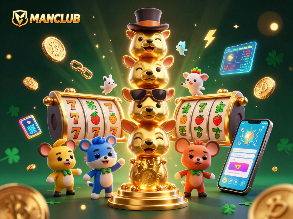 Spin to win with MANCLUB-themed slots featuring vibrant characters and casino elements.