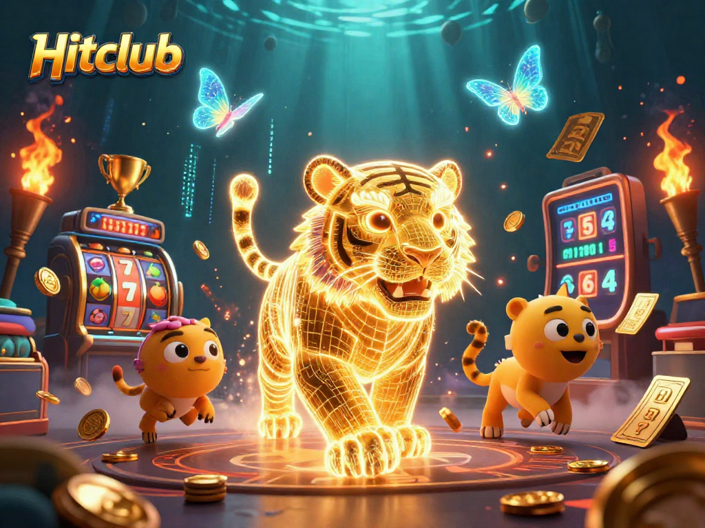 Engage with Hitclub's dynamic 3D illustration showcasing an energetic golden tiger in a casino landscape.