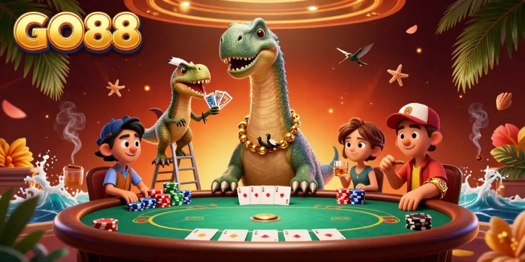 Experience the fun at GO88's vibrant poker game with dynamic dinosaur characters.