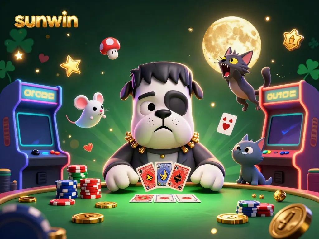 Experience thrilling gaming action with sunwin in a spooky casino scene featuring cartoon characters and vibrant game elements.