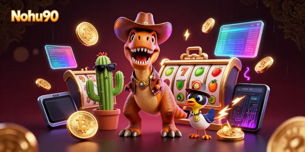 Nohu90 offers an exciting casino experience with vibrant slot games and cartoon characters in a dynamic scene.