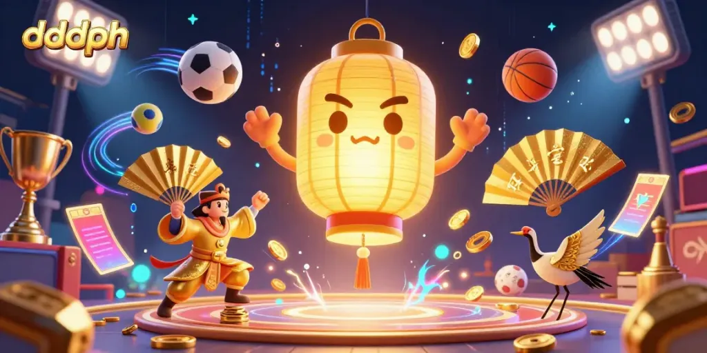 Engage with exciting dddph gaming experiences featuring a giant golden lantern spirit and sports elements.
