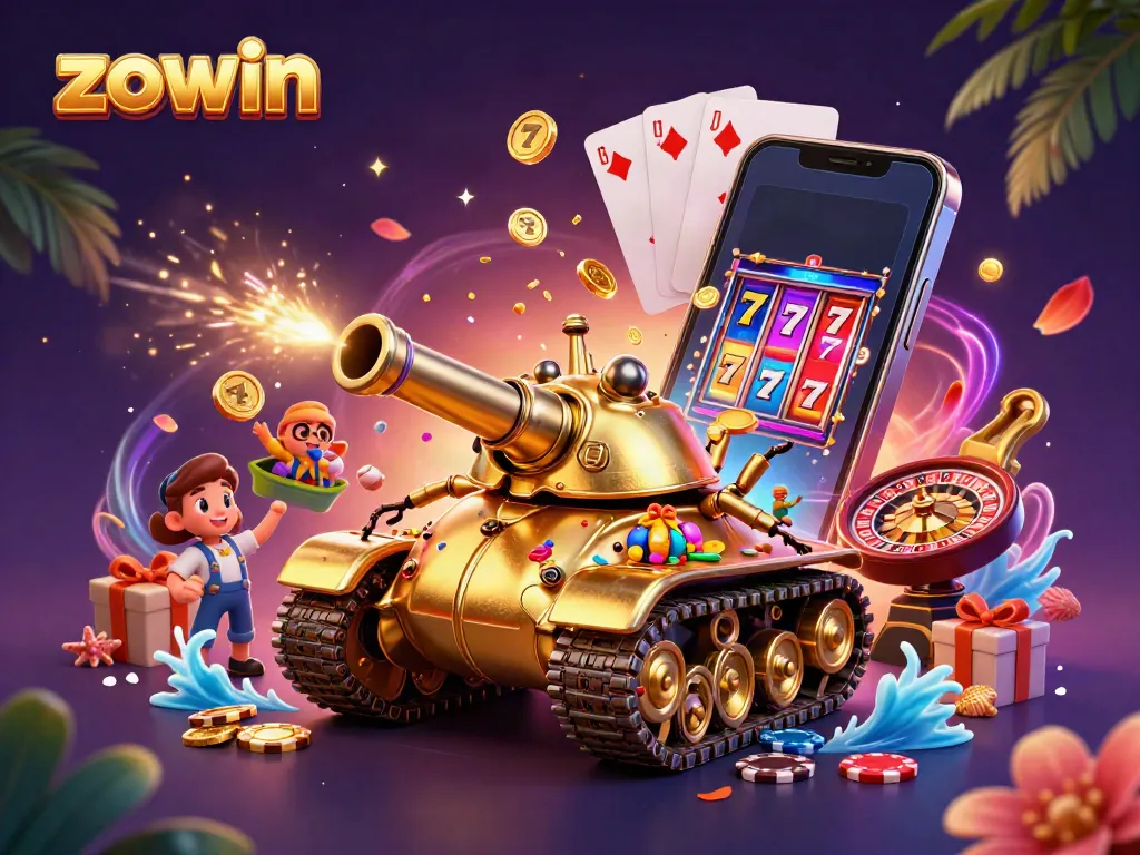 Zowin showcases vibrant slots and casino action, featuring an animated golden beetle tank with lively game elements.