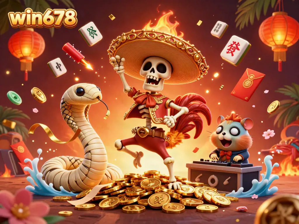 Experience the excitement of win678 with a vibrant casino scene featuring a dancing skeleton and lucky elements.