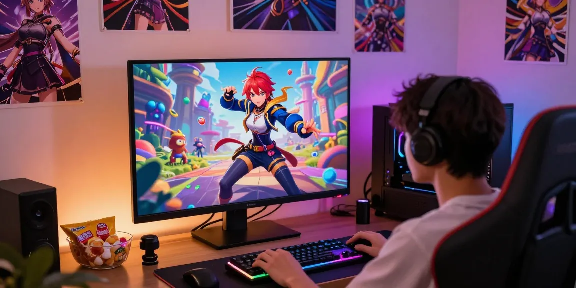 Engaging scene of interactive hentai ganes with colorful anime graphics and cozy gaming setup.