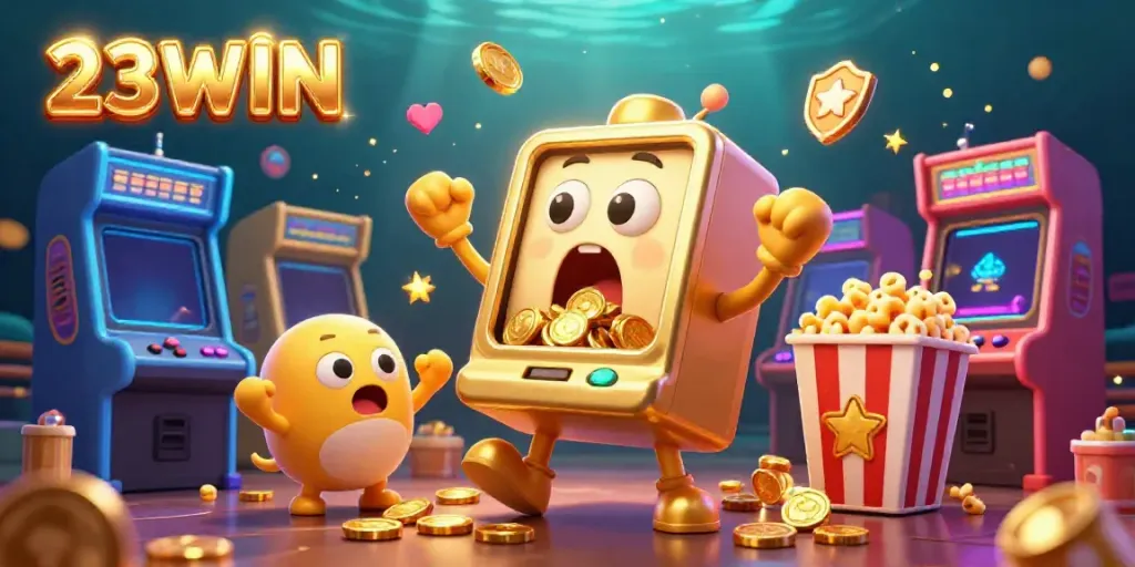 Experience the excitement of 23WIN with a jubilant slot machine hitting a jackpot in this vibrant illustration.