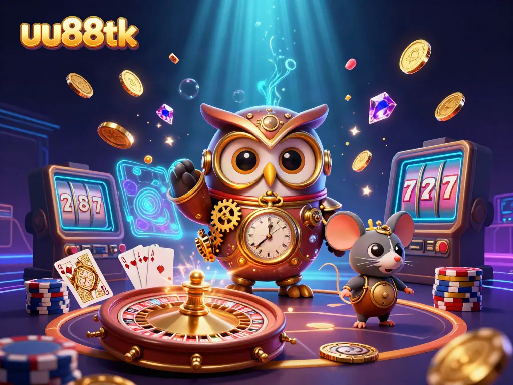 Experience thrilling action with uu88tk's steampunk owl and clockwork mouse in this vibrant casino scene.