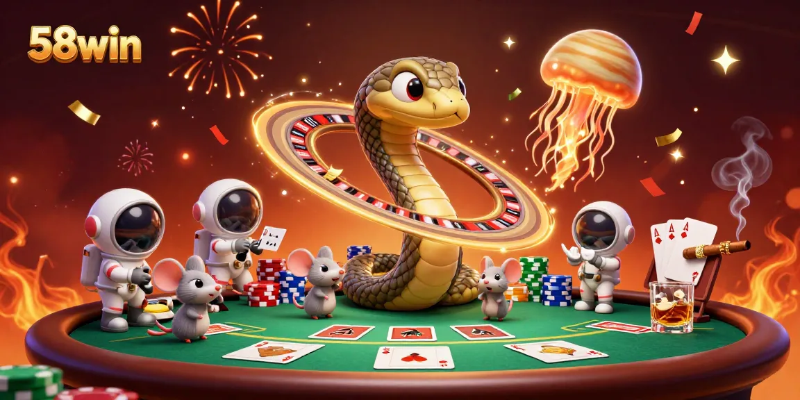 Engage in thrilling bets at 58win's cosmic casino with a vibrant 3D scene featuring astronauts and a golden jellyfish dealer.