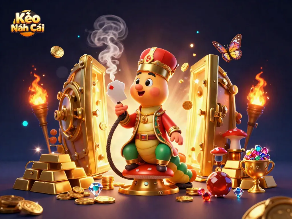 Experience Kèo Nhà Cái as a captivating 3D scene featuring a whimsical caterpillar master in a gold setting.