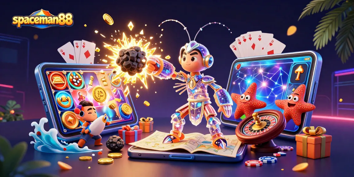 Experience thrilling gameplay with spaceman88 as a cartoon galactic samurai mantis shrimp punches through an asteroid, revealing treasures.
