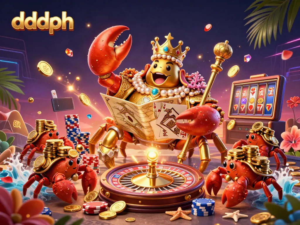 Engage with the vibrant world of dddph, featuring a golden crab emperor surrounded by riches and gaming elements.