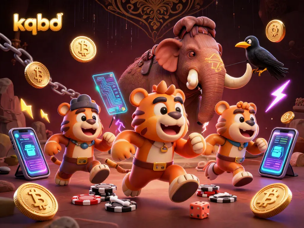 Kqbd showcases dynamic prehistoric casino atmosphere with cartoon characters and glowing crypto elements.