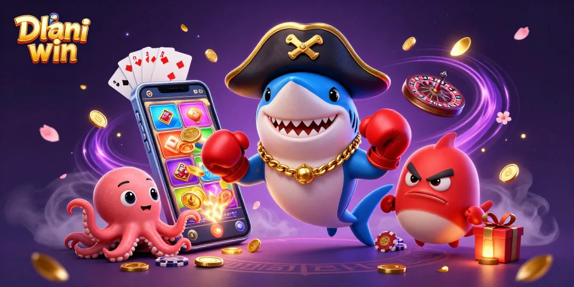 Dhani win engaging casino-themed illustration with a pirate shark, pufferfish, and octopus featuring colorful gaming elements.