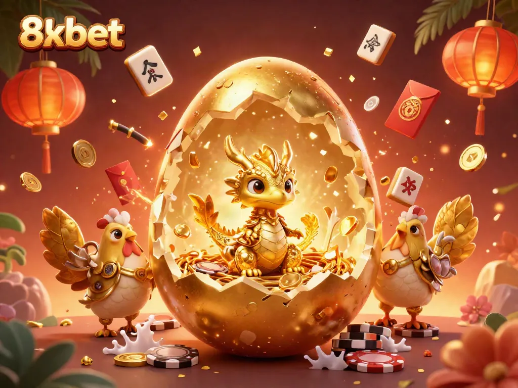 Join exciting gameplay at 8xbet with a golden dragon and poker chips in an enchanting scene.