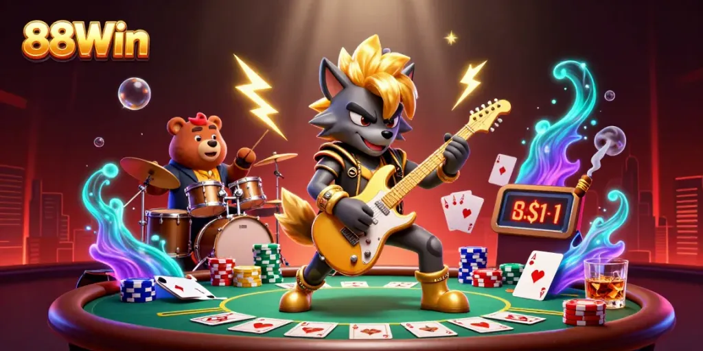 Experience the excitement of 88Win with a dynamic casino scene featuring a wolf rock star.