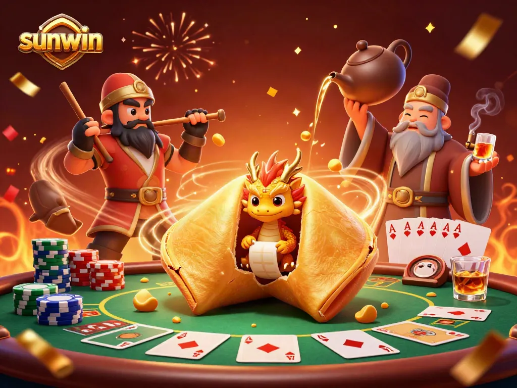 Engage with the vibrant world of sunwin, where a golden fortune cookie unveils thrilling poker adventures amidst festive confetti.
