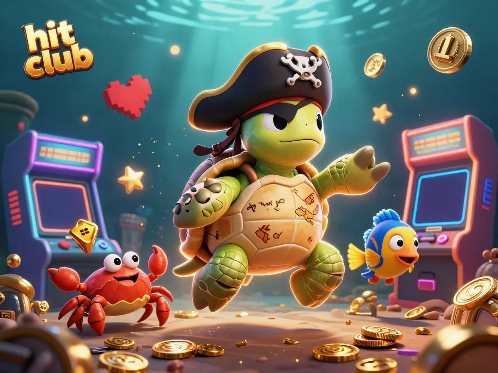Experience the excitement of hit club with a dynamic scene featuring a pirate turtle and vibrant casino elements.