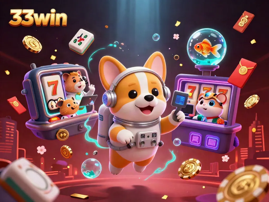 Experience the vibrant casino atmosphere with 33win as the astronaut corgi floats among slot reels and treasures.