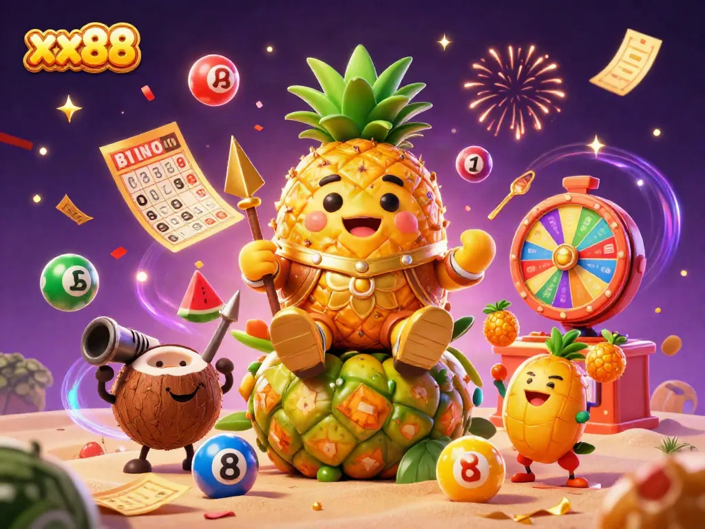 Engage with the vibrant casino-themed adventure at xx88 featuring a golden pineapple king.