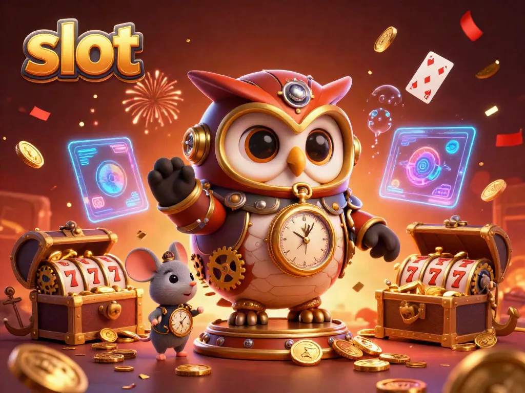 Experience the excitement of spinning slot machines with vibrant characters in a lively casino scene.